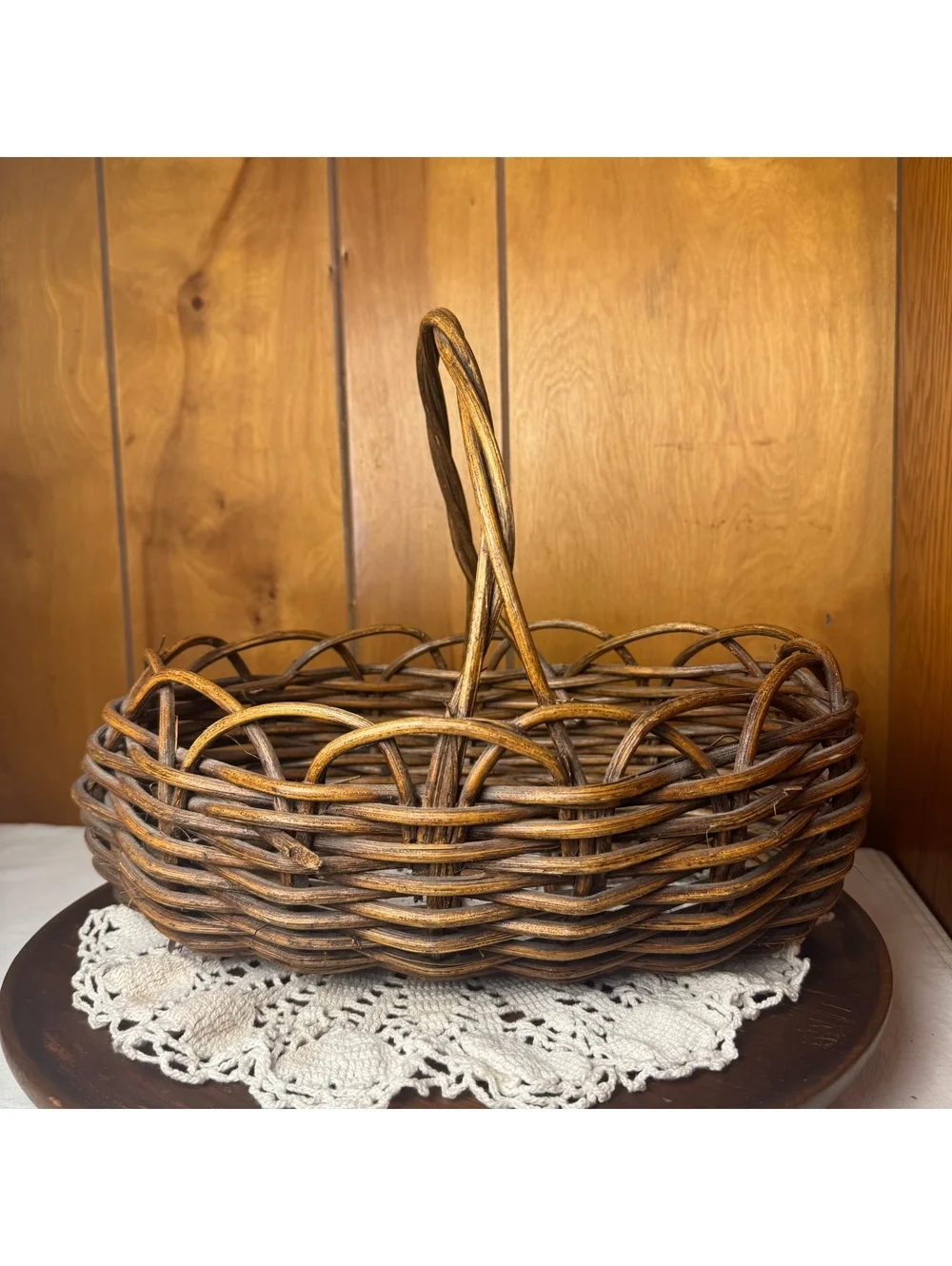 Rustic Woven Rattan Basket With Handle Vintage Farmhouse Gathering Basket